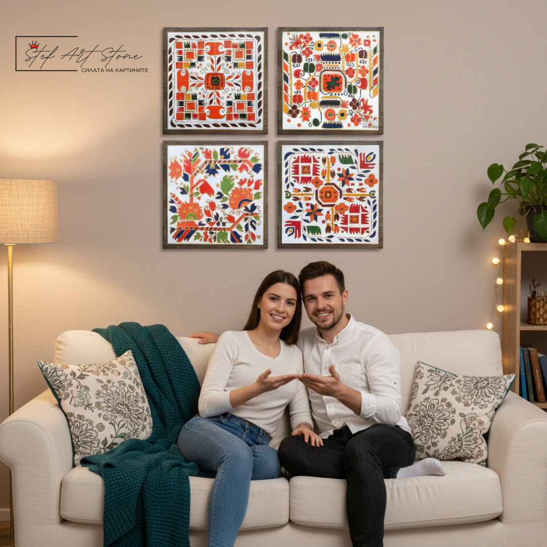 Стилен хол с ръчно рисувани картини декорация