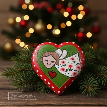 ръчно рисуван коледен камък сърце с ангелче