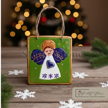 Ръчно изработено пано ангелче зелено златно stefartstone
