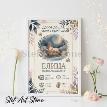 Персонализирана Рамка Постер "Малка Принцеса в Лодка" | Бебешка Визитка за Момиче