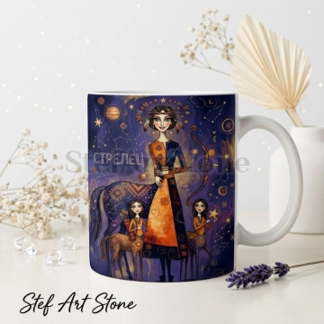 Художествена керамична чаша зодия Стрелец – богиня с лък и стрели, две кентаврети и съзвездия в тъмносиньо-лилава нощна палитра, серия Богини на Зодиака, StefArt Stone