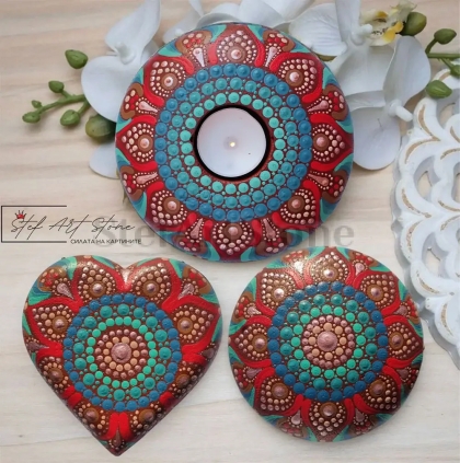Сет 3 части  с мандали, цвещник за чаена свещ, рисуван камък, сърце - рисуван камък
