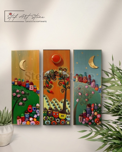 Комплект картини от 3 части с къщички и пейзажи – арт триптих за стена