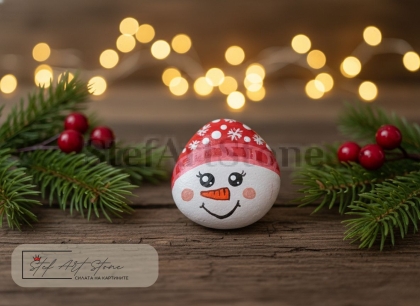 Ръчно рисуван коледен камък със снежен човек в червена шапка - Stef Art Stone