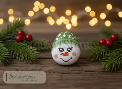 Коледна украса ръчна изработка - снежен човек зелена шапка