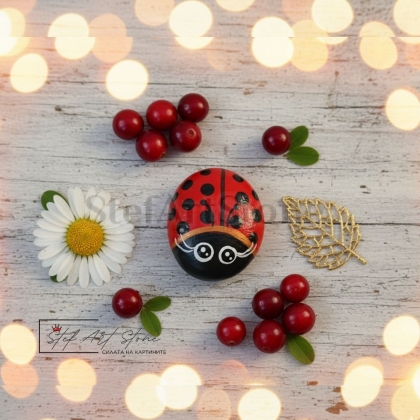 Коледна декорация – рисуван камък червена калинка с черни точки