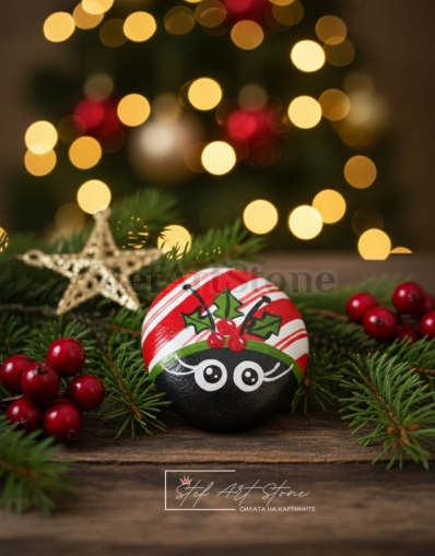 Коледна декорация Рисуван камък Калинка с имел