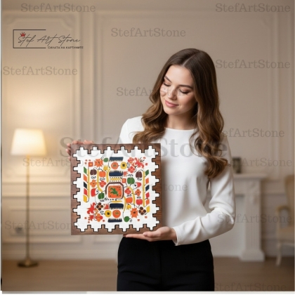 Жена държи ръчно рисувана картина с българска шевица за радост и изобилие