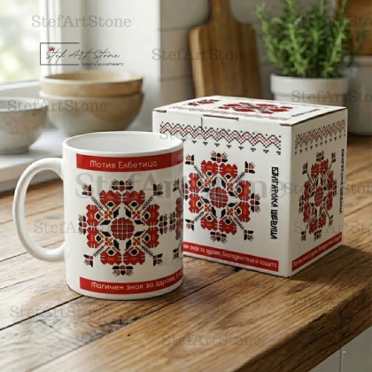 Керамична чаша с българска шевица Елбетица в кутия за подаряване