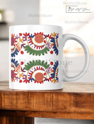 Керамична Чаша с Българска Шевица "Слънчева Спирала" – Възроден Автентичен Мотив