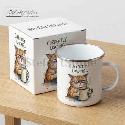 Метално Канче "Currently Loading..." – Сънено Коте  Забавен Подарък