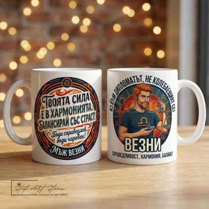 Чаша за мъж зодия Везни със стилен надпис – подарък