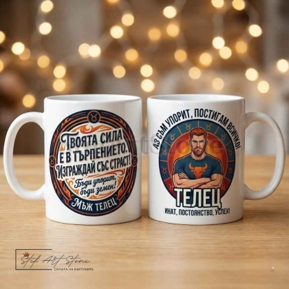 Чаша за мъж зодия Телец с надпис за упоритост и успех