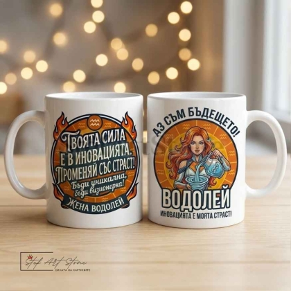 Чаша за жена Водолей с кутия и надпис Аз съм бъдещето