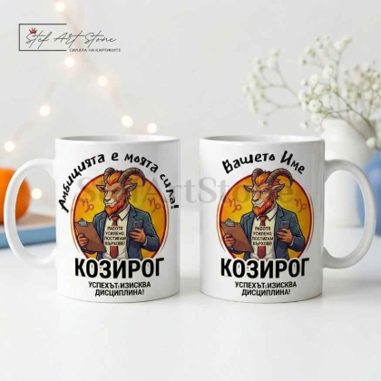 Персонализирана чаша за подарък със зодия Козирог, кутия и име