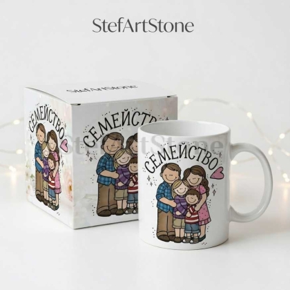 : Чаша за подарък за семейство с надпис и илюстрация с момиче и момче в подаръчна кутия