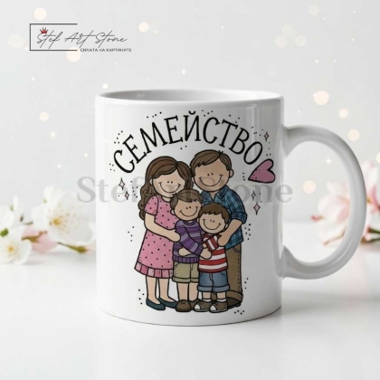 Чаша за подарък за семейство с надпис и илюстрация с две момчета в подаръчна кутия