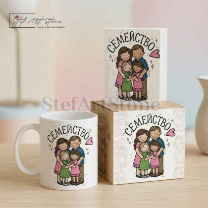 Подаръчен комплект за семейство включващ чаша кутия и картичка с надпис