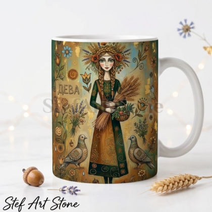Художествена керамична чаша зодия Дева – богиня с венец от жито и цветя, класове и кошница, серия Богини на Зодиака, StefArt Stone
