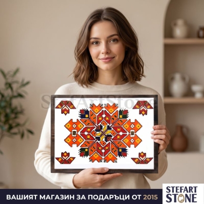 Картина с Шевица „Слънчева Сила“ – ръчно рисувана Огнена Розета, етно картина за стена (соларен символ за енергия и късмет)