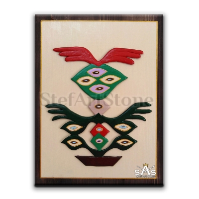 Картина пано с чипровски мотив "Цвете", изработено от глина и поставено върху дървена основа.