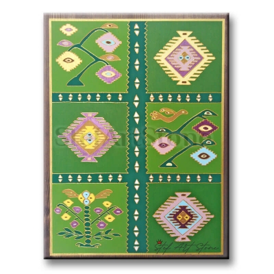 Картина пано с чипровски мотиви в зелена цветова гама, поставена на дървена основа, размери 40/30 см.