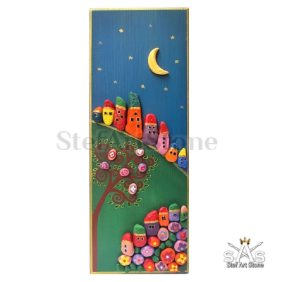 Картина с камъни Къщички Зелено 40 х 15