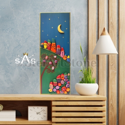 Картина с камъни Къщички Зелено 40 х 15