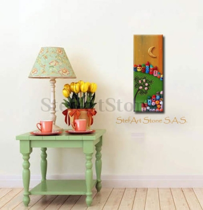 Картина с камъни Къщички Жълто 40 х 15