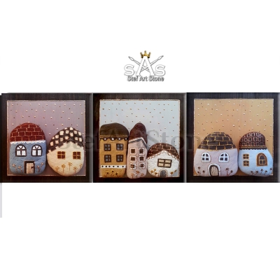 Комплект картини от 3 части (Триптих), картини и пана с камъни, Къщи