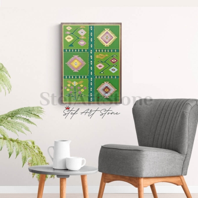 Пано с чипровски мотиви, поставено в модерен интериор, подчертаващо традиционната българска символика.