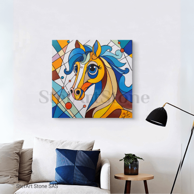 Луксозен подаръчен комплект, включващ абстрактна картина с цветен кон, тематична арт чаша и подаръчна кутия с червена панделка