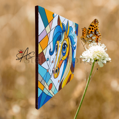 Луксозен подаръчен комплект, включващ абстрактна картина с цветен кон, тематична арт чаша и подаръчна кутия с червена панделка