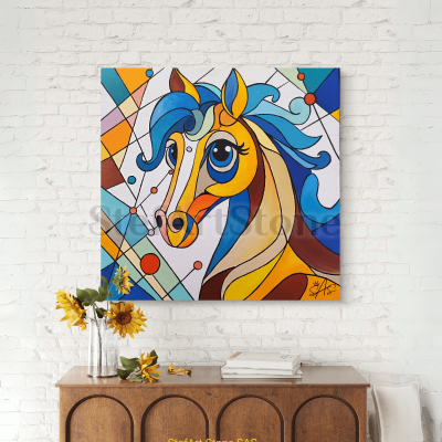 Луксозен подаръчен комплект, включващ абстрактна картина с цветен кон, тематична арт чаша и подаръчна кутия с червена панделка