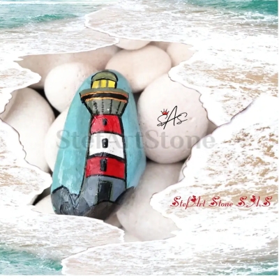 Ръчно рисуван комплект морски камъчета – фар, рибка, делфин, корабче и сърца.