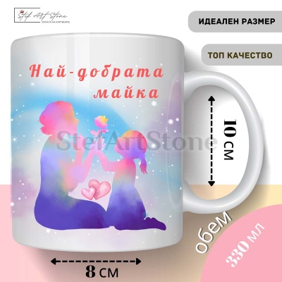 Чаша с надпис "Най-добрата майка" и изображение на силуети на майка и дете