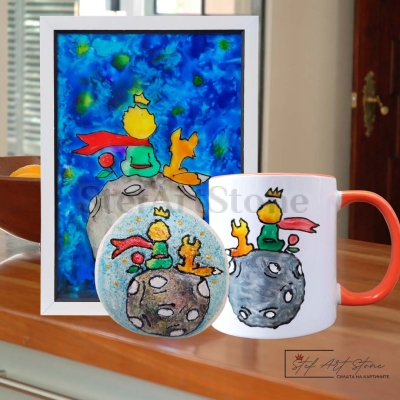 Комплект „Малкият принц“ – ръчно рисувана картина, камък и чаша в един кадър