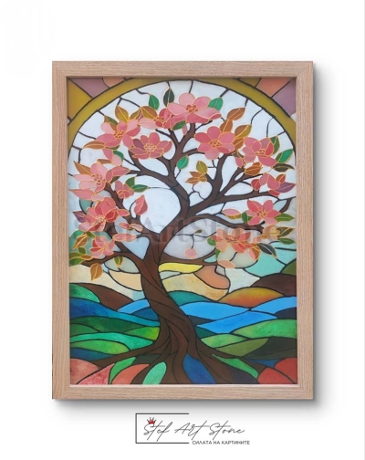 Ръчно рисуван стъклопис „Дървото на живота“ – символ на баланс и енергия
