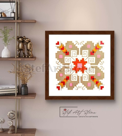 Ръчно рисувана картина с българска шевица „Елбетица“ – акрилни бои върху платно, в красива дървена рамка, размер 40х40 см.