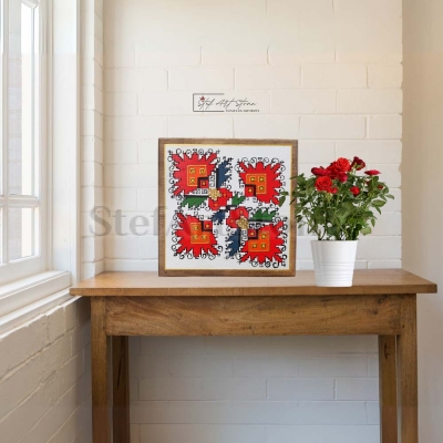 Ръчно рисувана картина с българска шевица, окачена на стена, 20x20 см, внасяща топлина и традиция в домашен интериор.