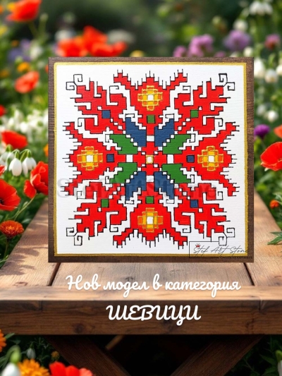 Картини с шевици - Ръчно рисувана картина с мотив от българска шевица, 20х20 см.