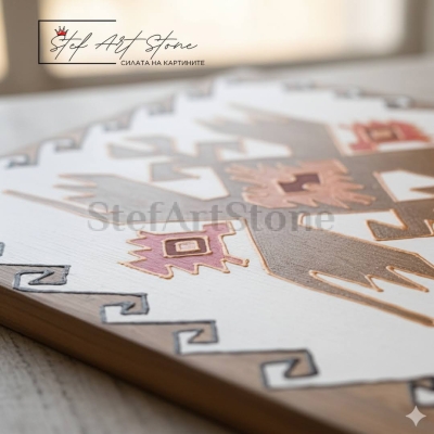 Макро снимка на златните релефни детайли върху дървото