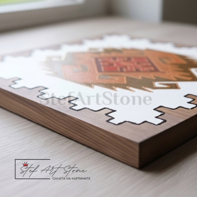 Детайлен изглед на геометричен мотив от Чипровски килим в златно и кафяво