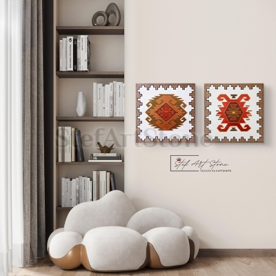 Интериор на спалня с комплект етно картини за баланс и защитаПана за стена сет от 2 броя картини за хол