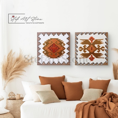 Идея за декорация на спалня с комплект етно картини от дърво