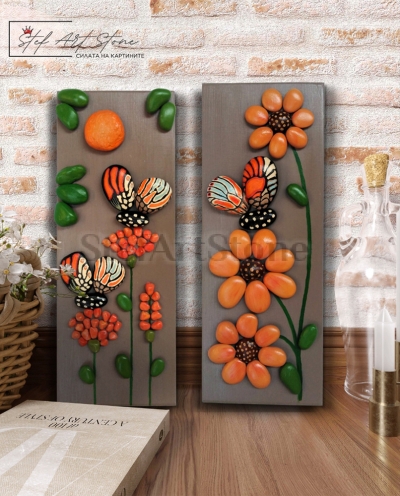 Картина диптих от 2 части с ръчно рисувани камъни и пеперуди върху цветя