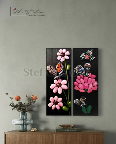 Картина диптих с пеперуди и розов божур – ръчно рисувани камъни