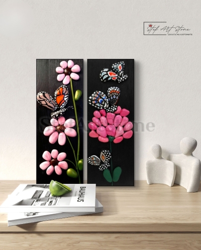 Декоративна картина от 2 части с пеперуди и розови цветя върху черен фон за интериор