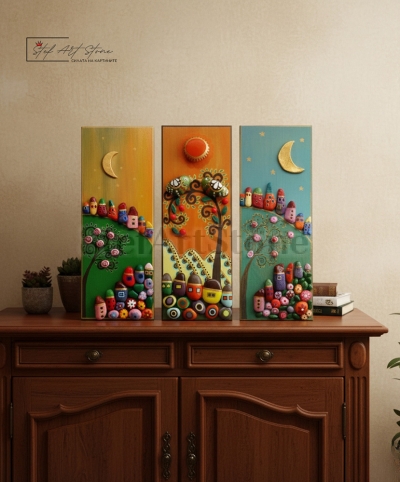 Картина с къщички и селски пейзаж – ръчна изработка върху дърво