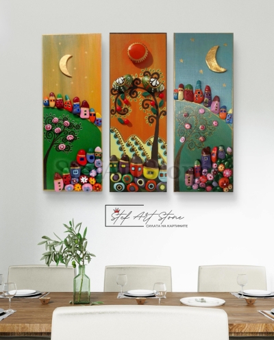 Картина с приказни къщи и зелени хълмове – декоративна арт картина